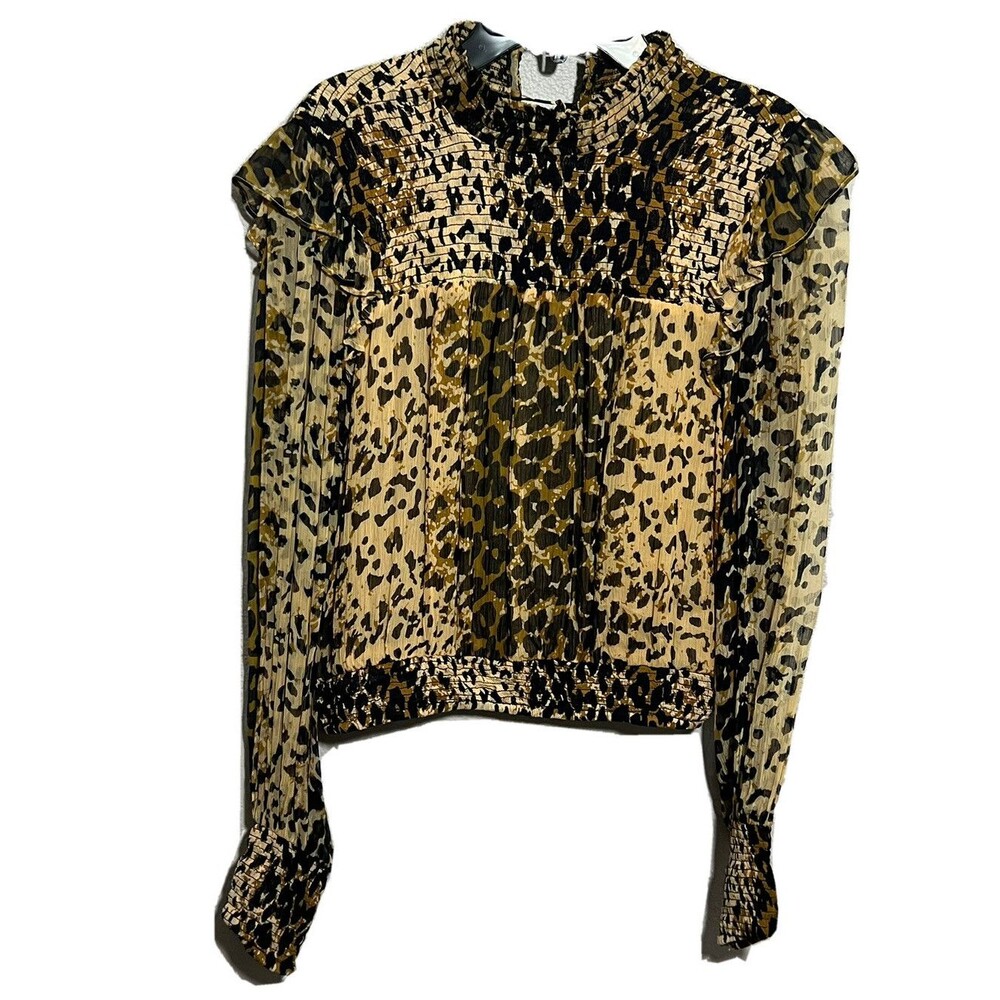 Free People Womens Blouse Sz S Tan Animal Print Roma Long Sleeves